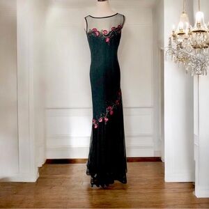 Xscape Joanna Chen Formal Gown Size 10 Black Silk Illusion Mesh Mermaid Trumpet